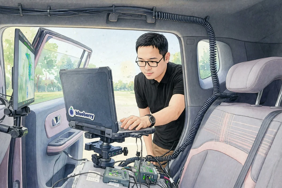 The founder working at a computer inside an autonomous-driving test vehicle