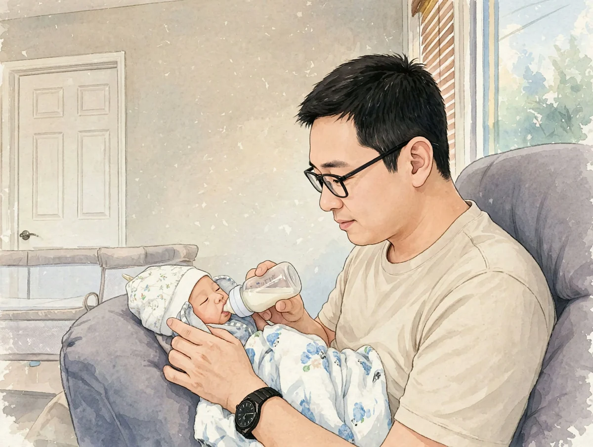 Watercolor illustration of a parent bottle-feeding a newborn at home